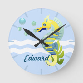 Reloj Redondo Mediano Caballo de mar azul y amarillo