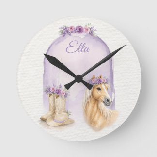 Reloj Redondo Mediano Caballo Floral Morado para Niñas