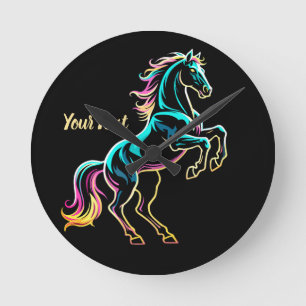 Reloj Redondo Mediano Caballo Luz de Neón Glitch Estilo Retro