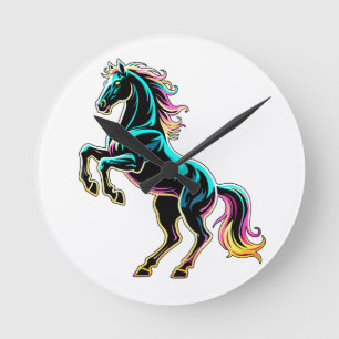 Reloj Redondo Mediano Caballo Luz de Neón Glitch Estilo Retro