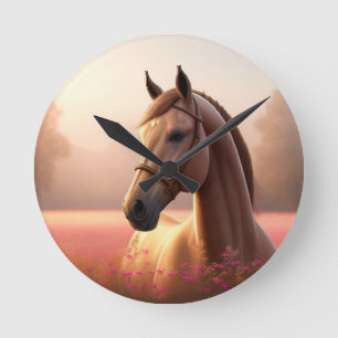 Reloj Redondo Mediano Caballo majestuoso de pie en un prado vibrante