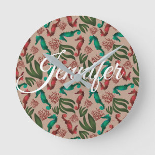 Reloj Redondo Mediano Caballo marino rosa Nautical Personalizado