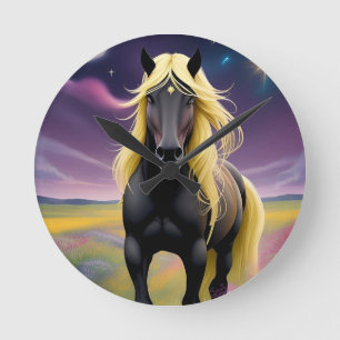 Reloj Redondo Mediano Caballo negro majestuoso con melena dorada fluida