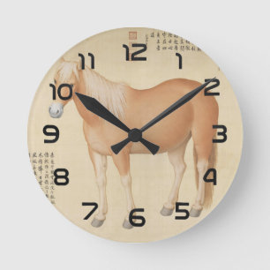 Reloj Redondo Mediano Caballo Palomino Dorado - Arte Chino Vintage