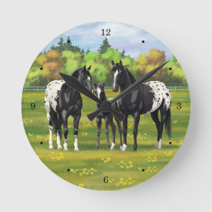 Reloj Redondo Mediano Caballos Appaloosa Negros En Pastel De Verano