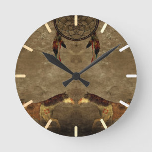 Reloj Redondo Mediano Caballos Nativos Americanos y Tazador de Sueños
