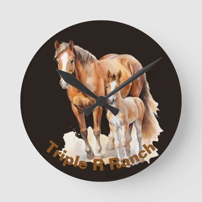 Reloj Redondo Mediano Caballos y bebés de granja personalizados. Amantes (Anverso)