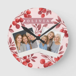 Reloj Redondo Mediano Cabaña Botánica Personalizada de Bayas Rojas de In