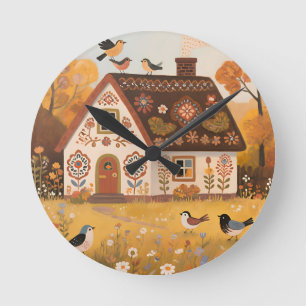 Reloj Redondo Mediano Cabaña de Arte Popular Pájaros Otoño