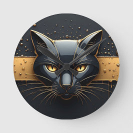 Reloj Redondo Mediano Cabeza de Gato Negro con Diseño de Goteo de Oro 🐈