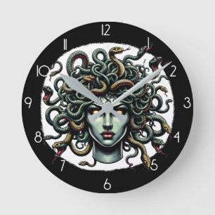 Reloj Redondo Mediano Cabeza de Medusa Verde Mirando llena de Serpientes