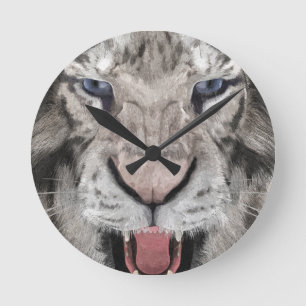 Reloj Redondo Mediano Cabeza de Tigre Blanco Estética de Vida Silvestre