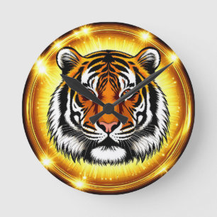 Reloj Redondo Mediano Cabeza de Tigre Majestuosa con Luces Doradas Brill