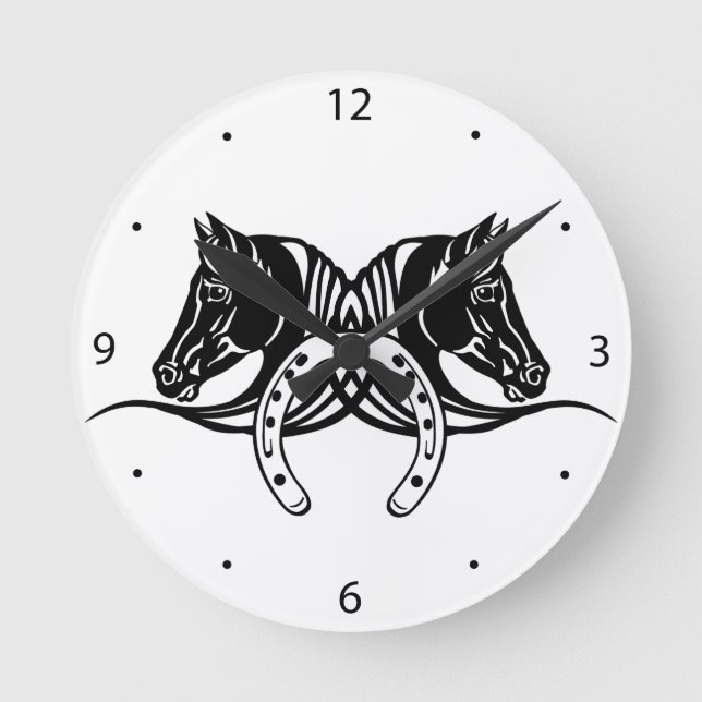 Reloj Redondo Mediano cabezas de dos caballos negros y herradura (Anverso)