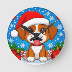 Reloj Redondo Mediano Cachorro Adorable con Gorro de Santa y Regalos de