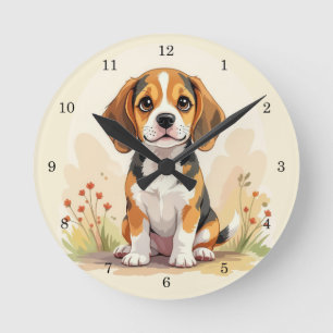 Reloj Redondo Mediano Cachorro Beagle Tricolor Blanco Negro y Canela Ado