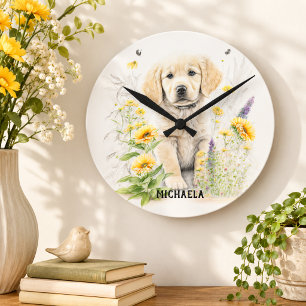 Reloj Redondo Mediano Cachorro de Golden Retriever Nombre Personalizado 