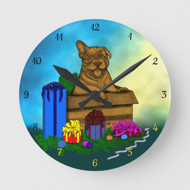 Reloj Redondo Mediano Cachorro en una caja , Feliz Navidad (Anverso)