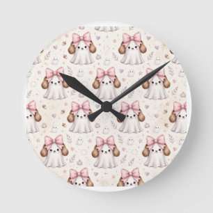 Reloj Redondo Mediano Cachorro fantasma lindo lazo rosa Halloween bandan