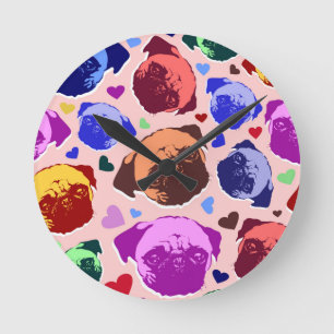 Reloj Redondo Mediano Cachorro Pug PopArt Estilo Retro