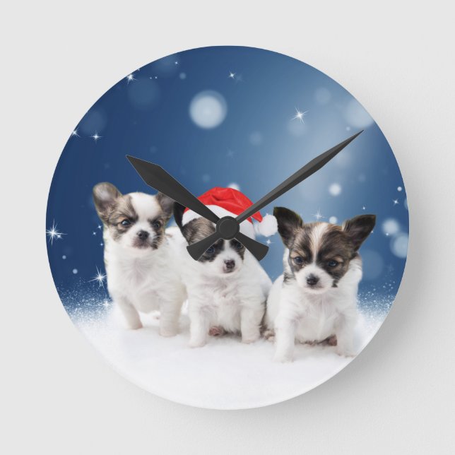 Reloj Redondo Mediano Cachorros de Chihuahua con Navidades de Santa Hat (Anverso)