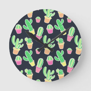 Reloj Redondo Mediano Cacti de color de agua neón en el patrón de las 