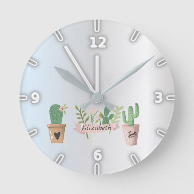 Reloj Redondo Mediano Cactus Adorable, Plata (Anverso)