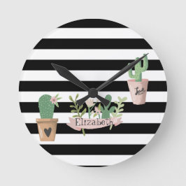 Reloj Redondo Mediano Cactus Flor Black White Stripes 
