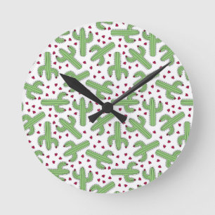 Reloj Redondo Mediano Cactus ilustrado y modelo de flores rosado