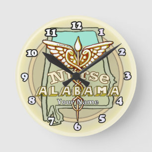 Reloj Redondo Mediano Caduceo de Enfermera de Alabama