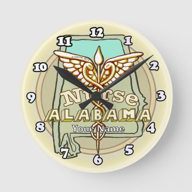Reloj Redondo Mediano Caduceo de Enfermera de Alabama (Anverso)