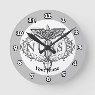 Reloj Redondo Mediano Caduceo de enfermera ovalado plateado