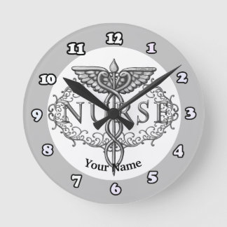 Reloj Redondo Mediano Caduceo de enfermera ovalado plateado