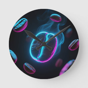 Reloj Redondo Mediano Café con Energía de Granos de Brillo de Neón