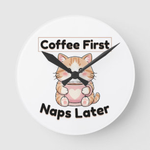 Reloj Redondo Mediano Café Primero Siestas Después Gato Lindo Kawaii C