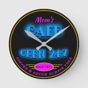 Reloj Redondo Mediano Cafetería de mamá abierta 24 horas Faux Retro Blue