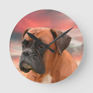 Reloj Redondo Mediano Caja de perro Boxer lindo arte de pintura al óleo 