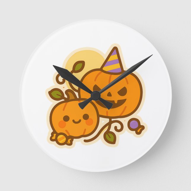 Reloj Redondo Mediano Calabaza de calabaza - Kawaii Halloween (Anverso)