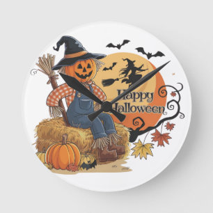 Reloj Redondo Mediano Calabaza de espantapájaros Halloween Rústica Vibes