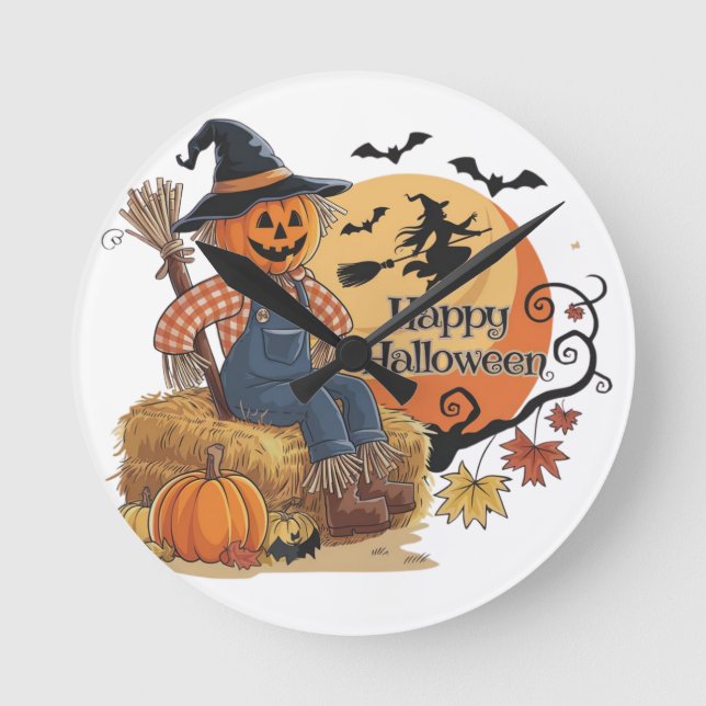 Reloj Redondo Mediano Calabaza de espantapájaros Halloween Rústica Vibes (Anverso)
