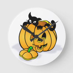 Reloj Redondo Mediano Calabaza de Halloween con gato negro