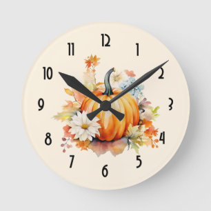 Reloj Redondo Mediano Calabaza naranja y flores Otoño
