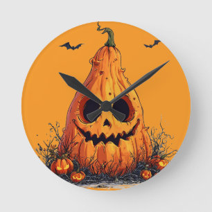 Reloj Redondo Mediano Calabaza sonriente con expresión fantasmal
