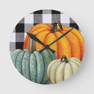 Reloj Redondo Mediano Calabazas en negro y blanco gingham plaid Fall