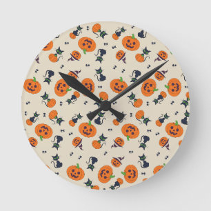 Reloj Redondo Mediano Calabazas y gatos negros lindos de Halloween en te