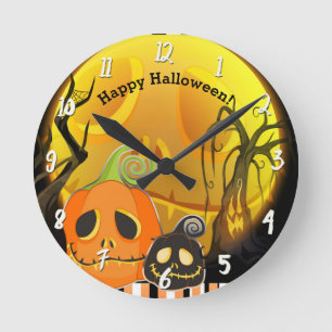 Reloj Redondo Mediano Calabazas y Luna Caprichoso Halloween Personalizad