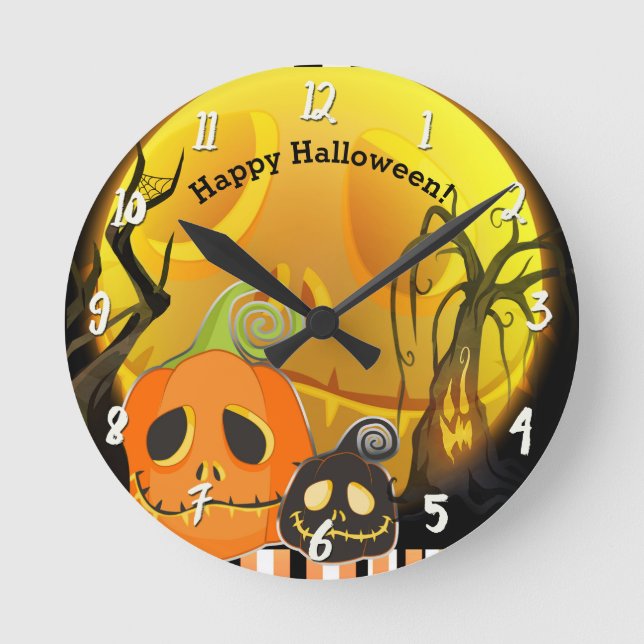 Reloj Redondo Mediano Calabazas y Luna Caprichoso Halloween Personalizad (Anverso)