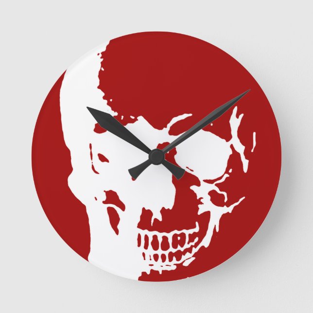 Reloj Redondo Mediano Calavera - Arte Metalizado de fantasía rojo y blan (Anverso)