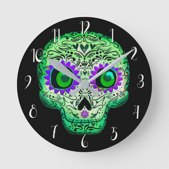 Reloj Redondo Mediano Calavera Azucarada Verde y Morada Brillante Hallow (Anverso)