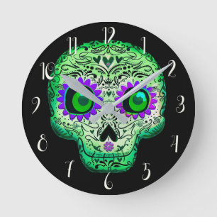 Reloj Redondo Mediano Calavera Azucarera Verde y Morada Brillante Negra